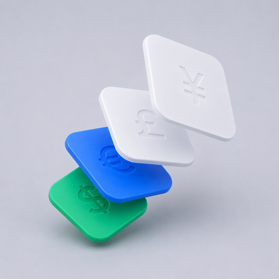 Four rounded currency tiles fanned mid-flip: green dollar, blue euro, white pound and yen