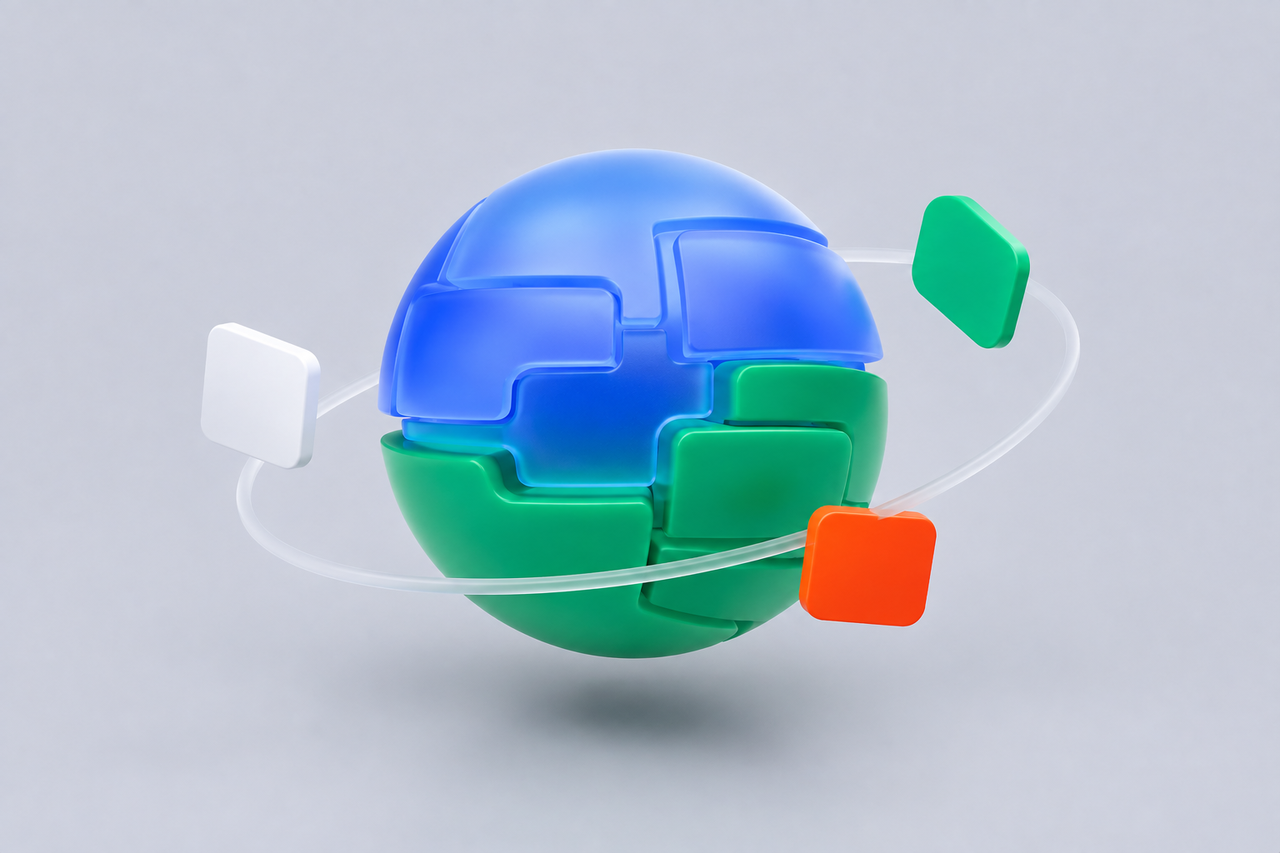 Segmented globe in brand blue and green with orbiting payment tiles