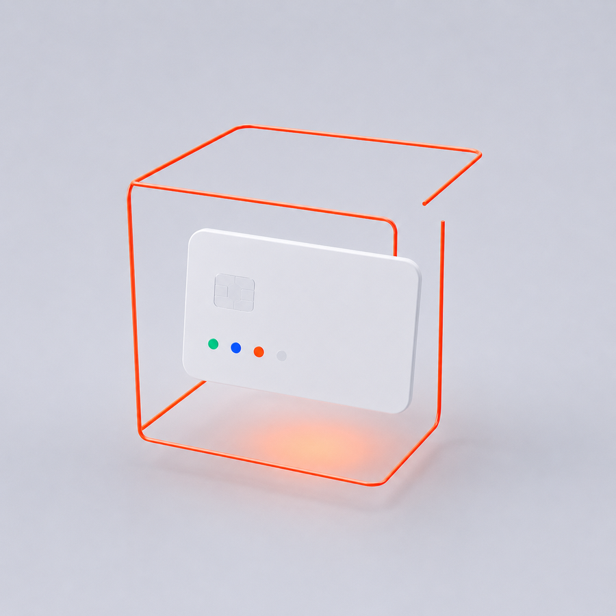 White payment card suspended inside an open orange wireframe cube